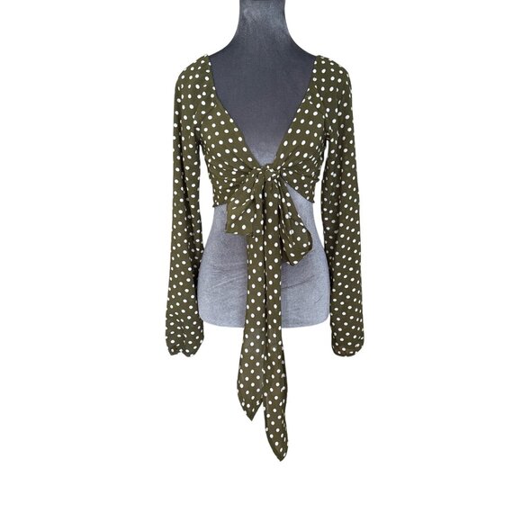 Polka Dot Olive Long-Sleeve Tie Front Crop Top By Cotton Candy LA - Womens S - Picture 1 of 6